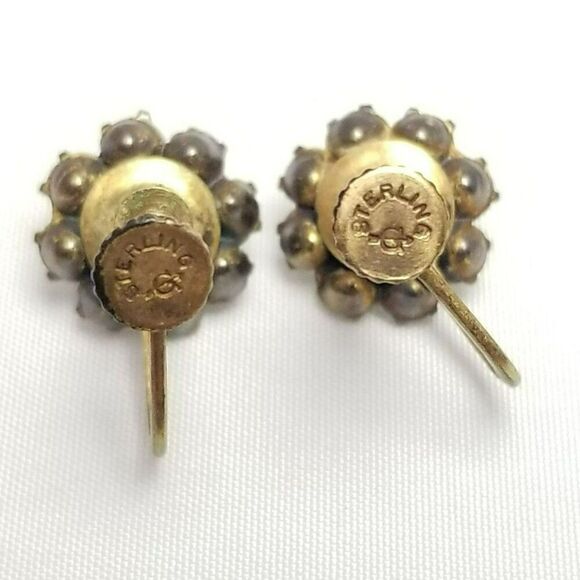 Vintage Sterling Silver Blue Rhinestone Cluster Clip On Earrings, Gold Wash - Picture 5 of 8